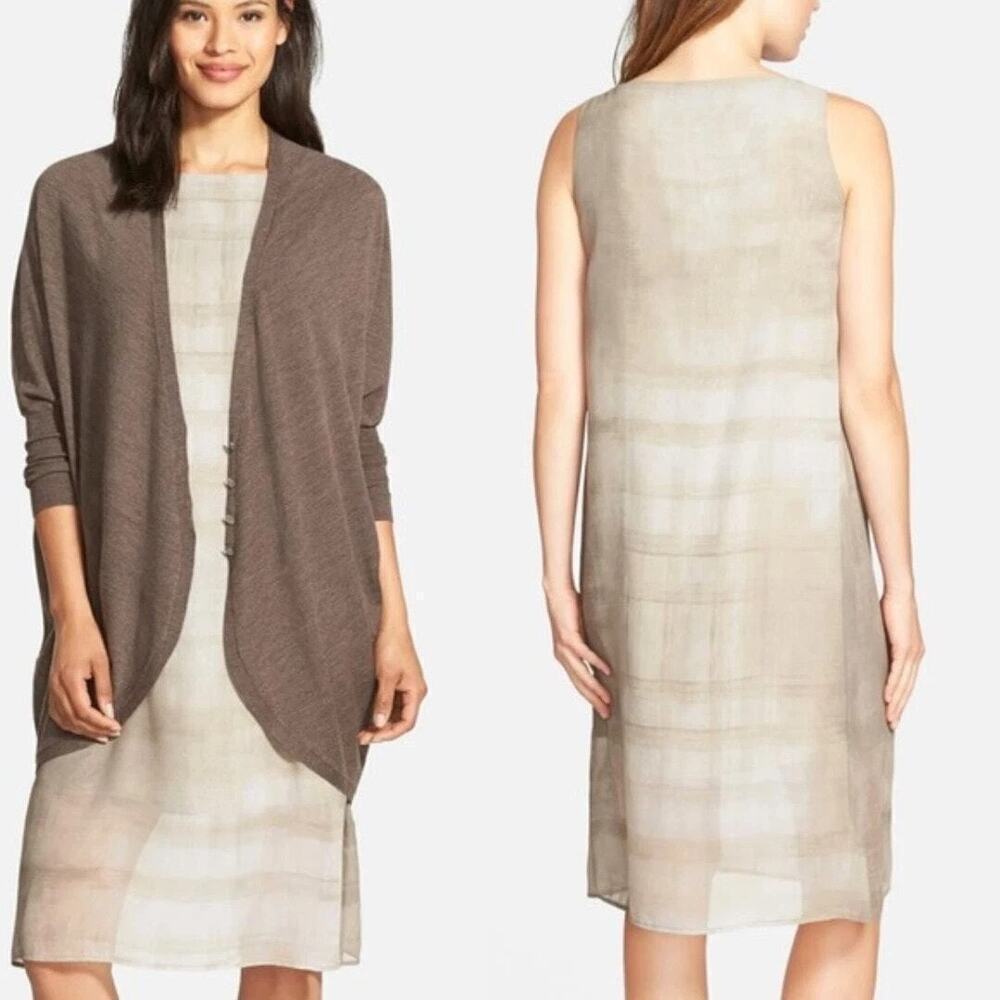 Eileen Fisher Cobblestone Bateau Neck Oxidized Print Silk Shift Dress Medium